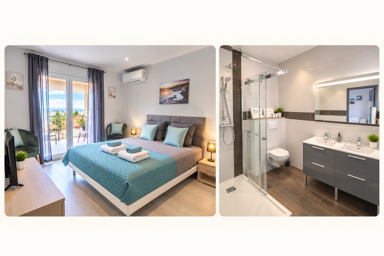 Chambre préparée et salle de bain après ménage pour une location courte durée